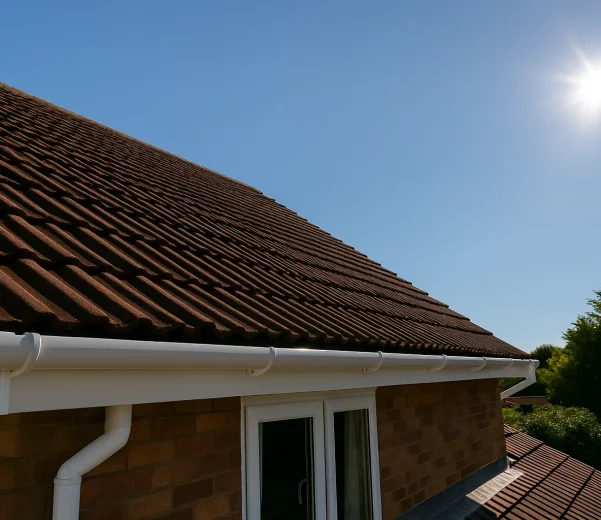 Suburban house with clean gutters on a sunny day