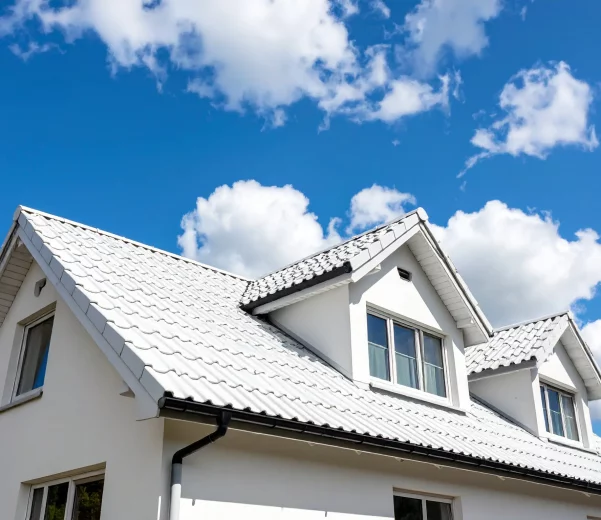 Modern suburban house roof with bright reflective coating under clear sky.