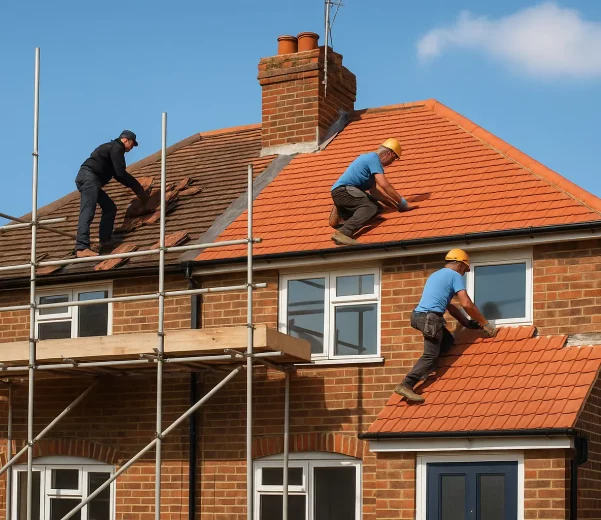 Roof replacement underway on a London home with scaffolding and workers on pitched roof.