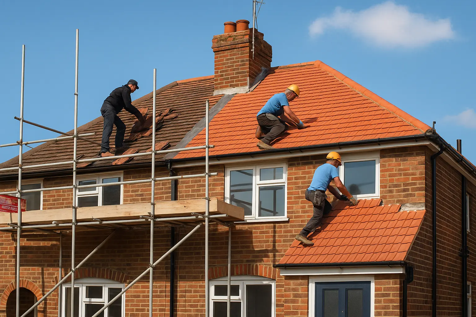 Roof replacement underway on a London home with scaffolding and workers on pitched roof.
