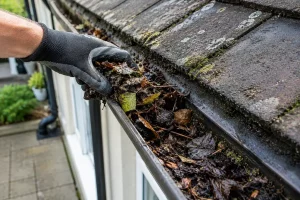 Clearing debris from a gutter as part of a summer roof maintenance checklist