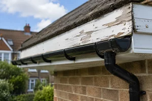 Peeling fascia board and guttering on a residential roofline