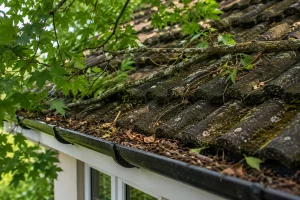 Overhanging tree branches touching roof tiles and guttering