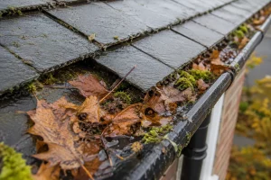 Blocked gutter with wet autumn leaves and overflowing rainwater