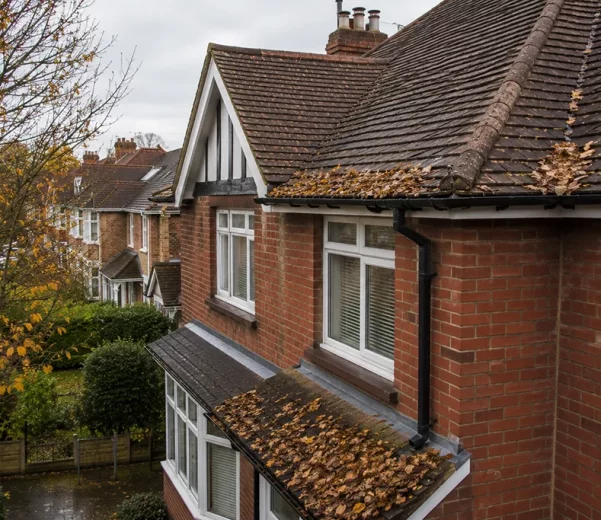 Residential house in London with autumn leaves collecting along the roofline and gutters