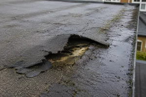 Lifted and split flat roof membrane showing signs of failure