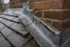 Loose lead flashing and failed pointing around a chimney in wet weather