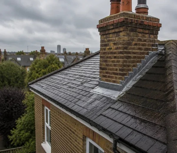 Residential roof in London with chimney and flashing visible in wet weather